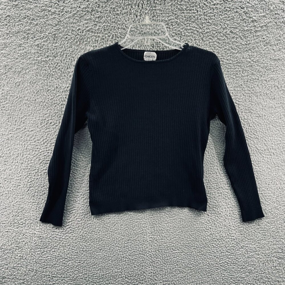 Chicos Women Top 1 Medium Black Long Sleeve Pullover Ribbed Knit Shirt‎